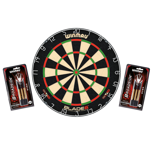 Dartboard WINMAU Original Blade 6 + 2 Steeldart Sets Broadside Brass